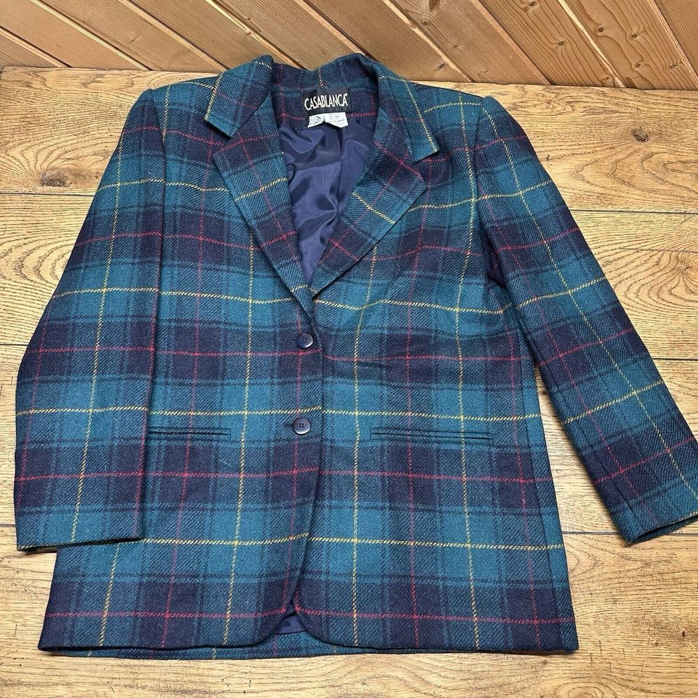 VTG 90s Womens‎ 12 Pure Wool Tweed Green Plaid Blazer Suit Jacket Preppy Career